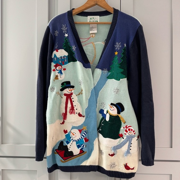 Quacker Factory Snowman Winter Cardigan‎ Sweater Appliqué Beads Colorful Large - Picture 1 of 11